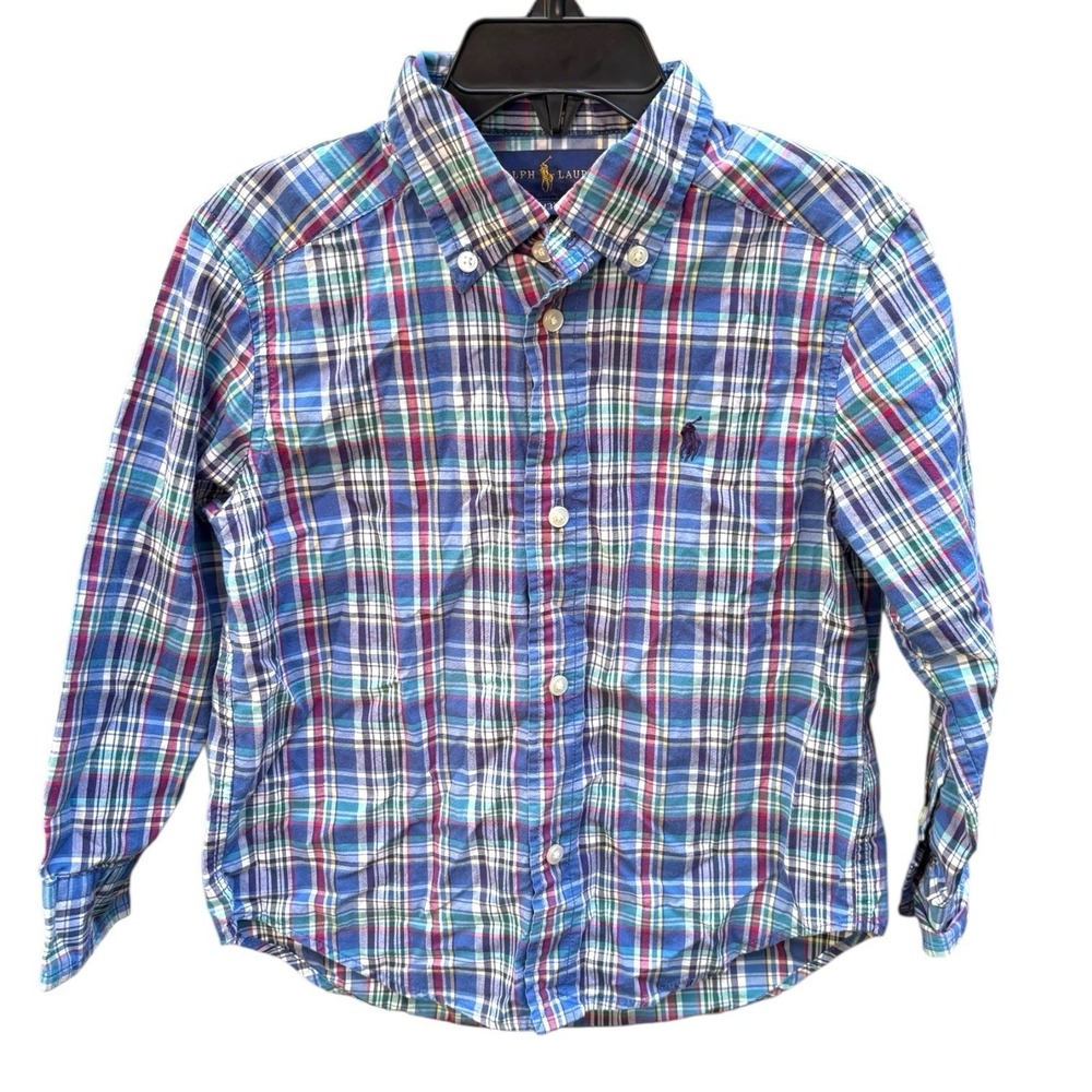 Polo Ralph Lauren Boys 3T Button Down Shirt Blue Green Pink Plaid Long Sleeve